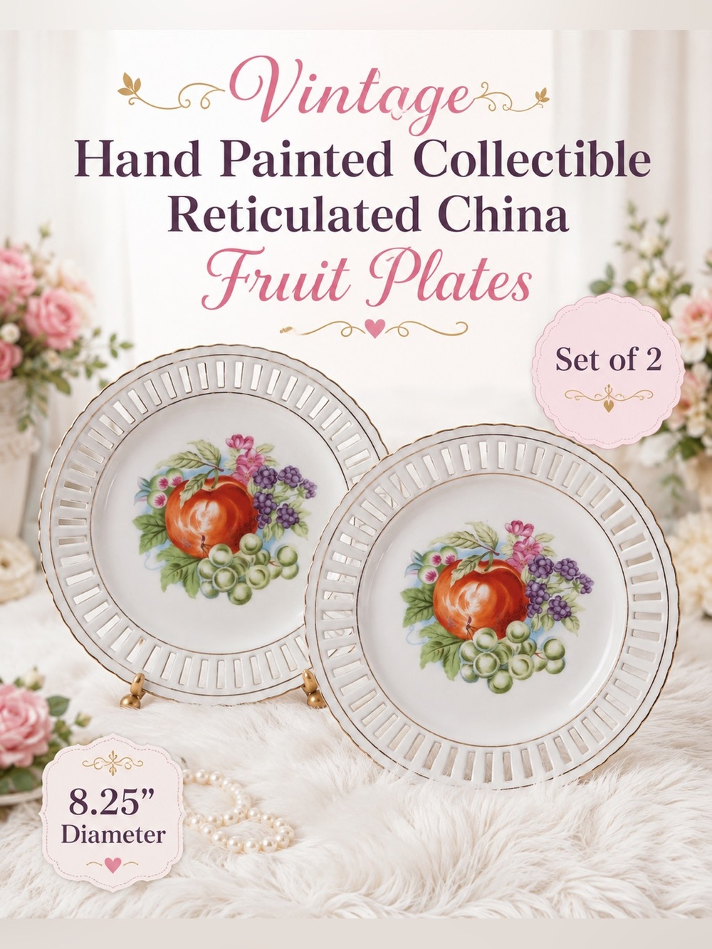 Vintage Hand Painted Collectible Reticulated China Fruit plates
